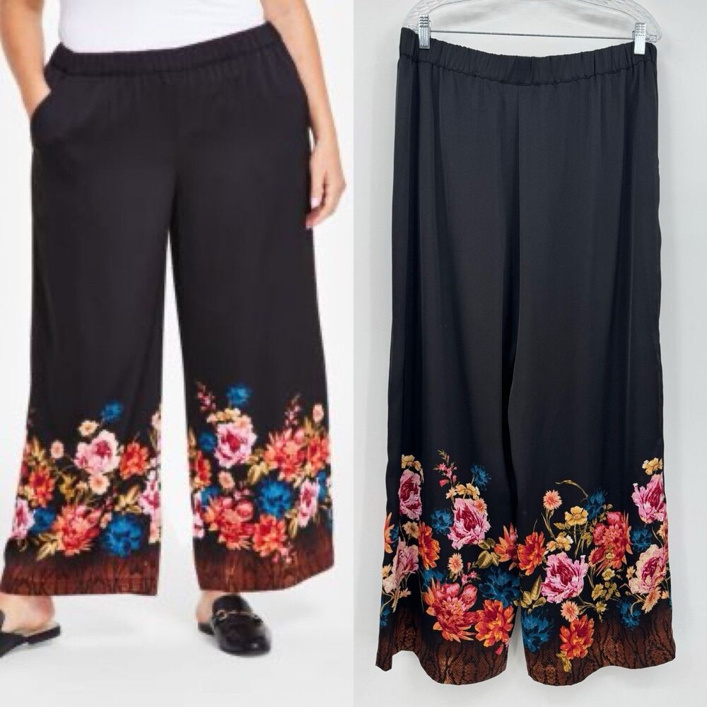 JM Collection Pull-On Floral Satin Pants Size XL Black Palazzo Lounge Lagenlook